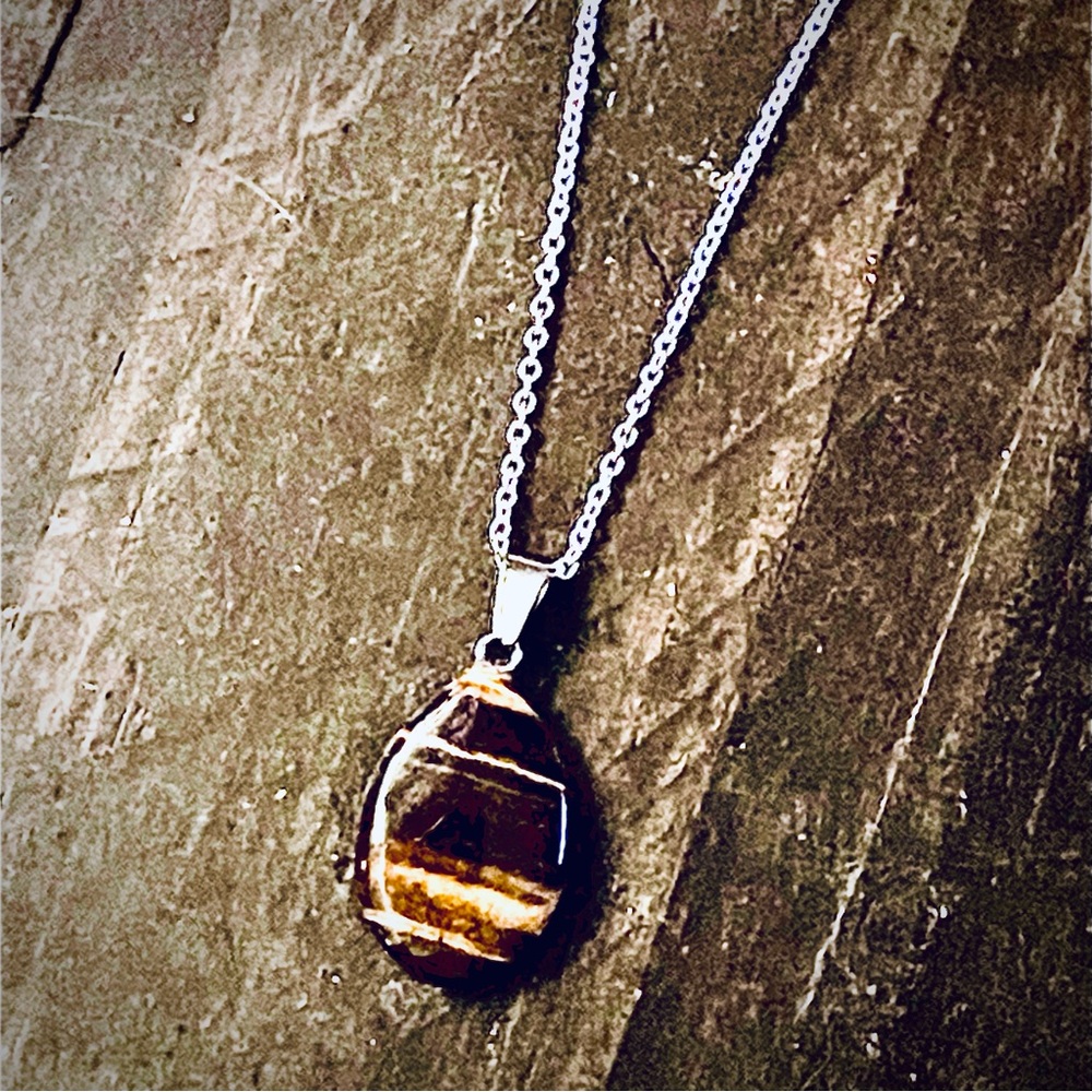 New 925 Sterling Silver Brown Black Tigers Eye Stone Water Drop Necklace - Picture 13 of 14